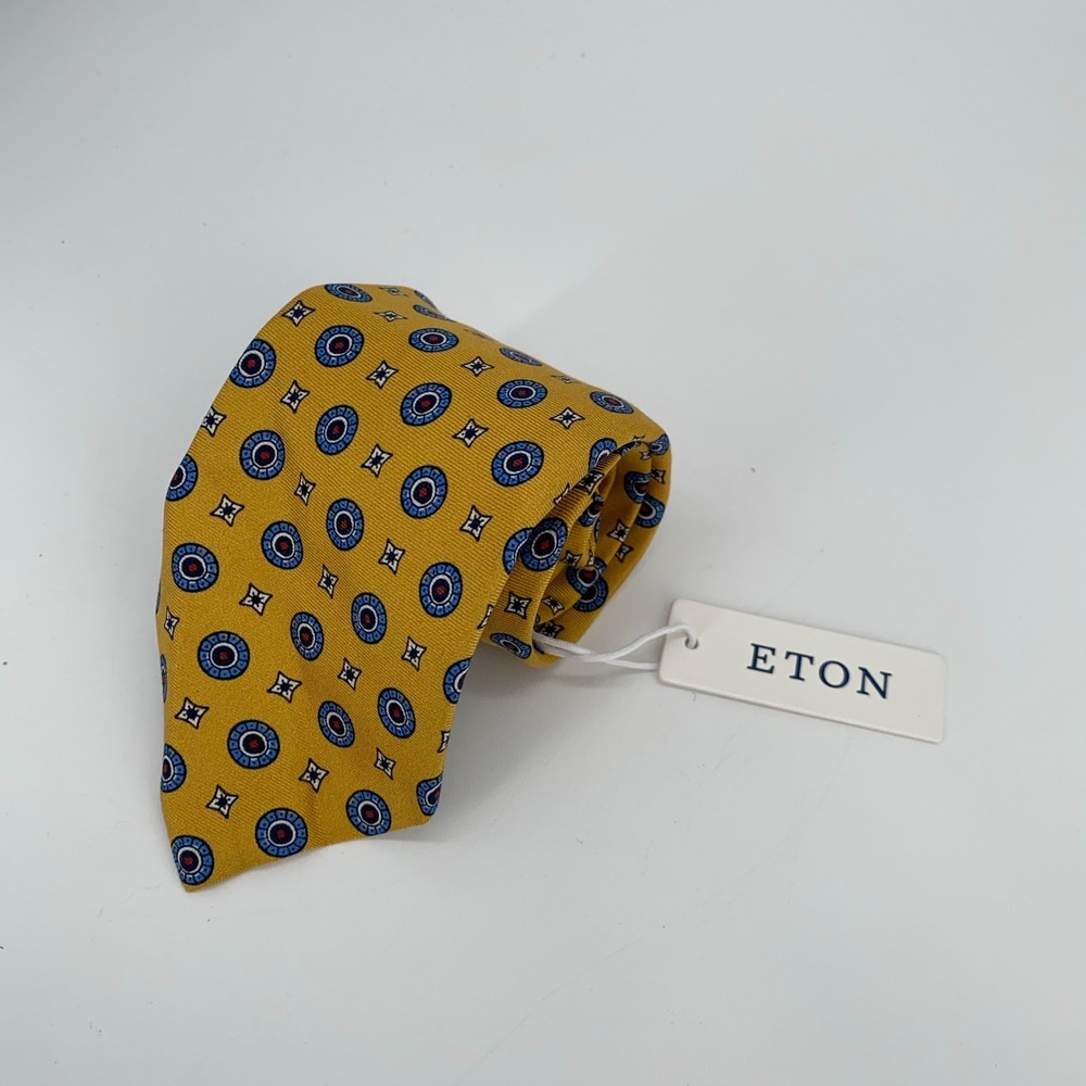 Eton Tie Men One Size Yellow Blue Patterned Silk Luxury‎ Necktie Italy Made NWT